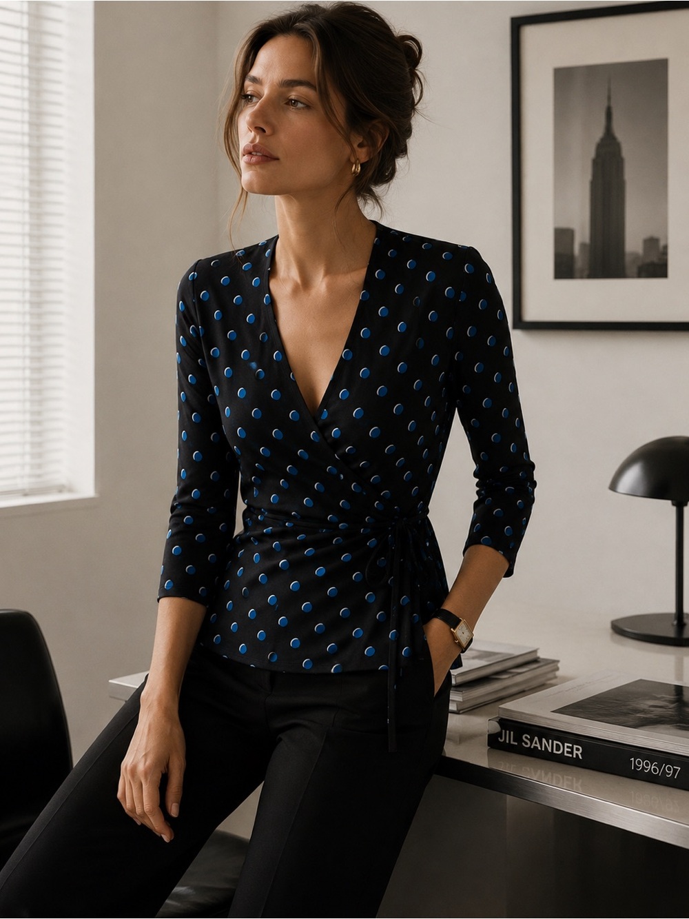Bailey size large black with blue polka dots wrap top
